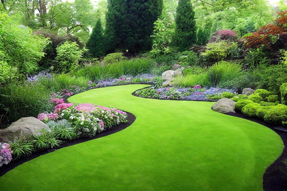 greenflat lawn with delicate flowers