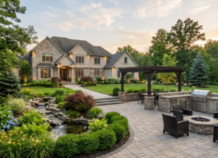 Premium residential landscaping estate in Clarence NY featuring a custom paver patio, stone outdoor kitchen with built-in grill, fire pit, and professional softscaping.