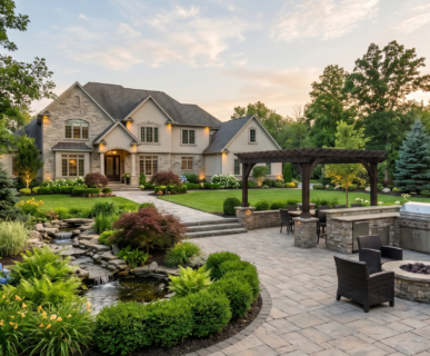 Premium residential landscaping estate in Clarence NY featuring a custom paver patio, stone outdoor kitchen with built-in grill, fire pit, and professional softscaping.
