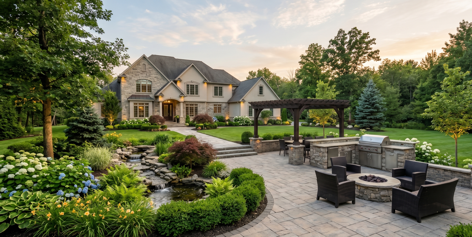 Premium residential landscaping estate in Clarence NY featuring a custom paver patio, stone outdoor kitchen with built-in grill, fire pit, and professional softscaping.
