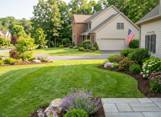 Professionally landscaped suburban lawn in Clarence, NY, with a detailed model train layout featuring a miniature factory and town nestled in native flowering beds (purple coneflowers, hydrangeas). Perfect example of a tailored, complex landscape design that local experts can build.