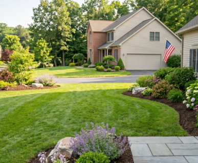 Professionally landscaped suburban lawn in Clarence, NY, with a detailed model train layout featuring a miniature factory and town nestled in native flowering beds (purple coneflowers, hydrangeas). Perfect example of a tailored, complex landscape design that local experts can build.