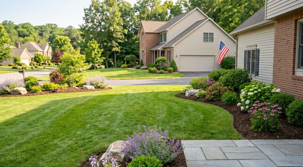 Professionally landscaped suburban lawn in Clarence, NY, with a detailed model train layout featuring a miniature factory and town nestled in native flowering beds (purple coneflowers, hydrangeas). Perfect example of a tailored, complex landscape design that local experts can build.