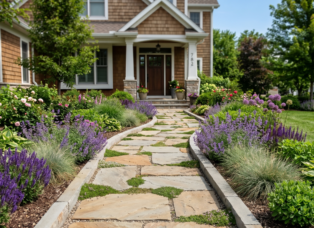 Elegant natural bluestone flagstone garden path with creeping thyme and purple perennial borders in a Clarence NY front yard landscape design.
