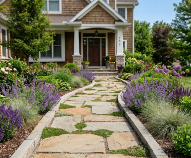Elegant natural bluestone flagstone garden path with creeping thyme and purple perennial borders in a Clarence NY front yard landscape design.