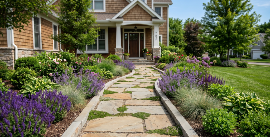 Elegant natural bluestone flagstone garden path with creeping thyme and purple perennial borders in a Clarence NY front yard landscape design.