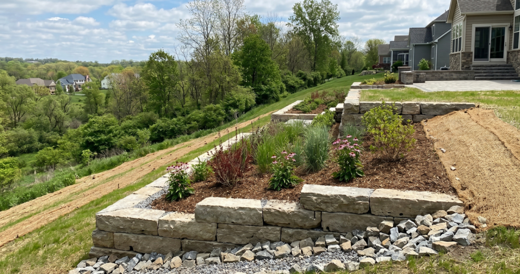 A professionally engineered multi-tiered limestone retaining wall stabilizing a steep backyard slope in Clarence, NY, featuring native deep-rooted plantings and protective coir matting to prevent soil erosion.