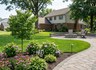 Custom interlocking stone paver walkway leading to an outdoor patio with a stone fire pit, surrounded by native purple coneflowers and hostas on a residential property in Clarence, New York.