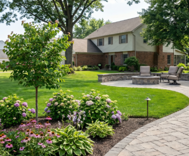 Custom interlocking stone paver walkway leading to an outdoor patio with a stone fire pit, surrounded by native purple coneflowers and hostas on a residential property in Clarence, New York.