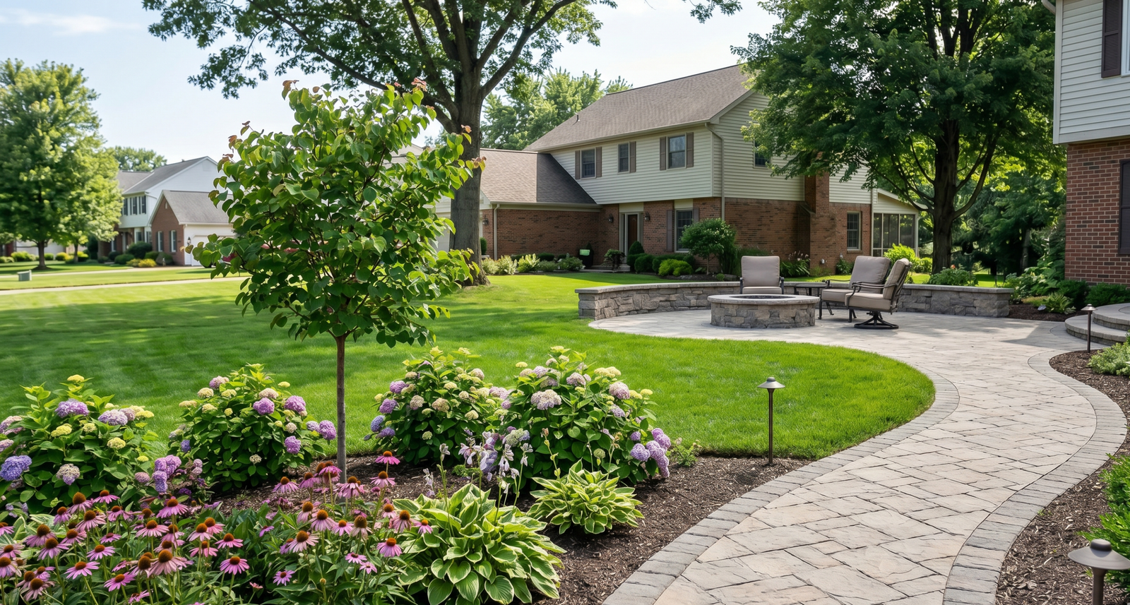 Custom interlocking stone paver walkway leading to an outdoor patio with a stone fire pit, surrounded by native purple coneflowers and hostas on a residential property in Clarence, New York.