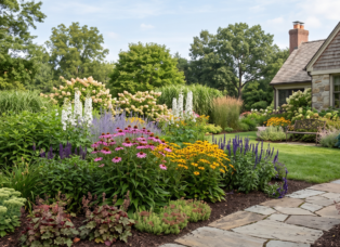 A professionally landscaped estate garden in Clarence New York featuring tiered perennial borders with purple coneflowers, black-eyed susans, and lush green hostas along a natural stone flagstone walkway.