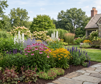 A professionally landscaped estate garden in Clarence New York featuring tiered perennial borders with purple coneflowers, black-eyed susans, and lush green hostas along a natural stone flagstone walkway.