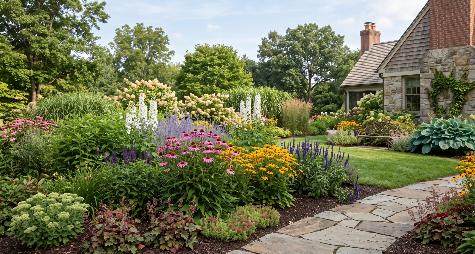 A professionally landscaped estate garden in Clarence New York featuring tiered perennial borders with purple coneflowers, black-eyed susans, and lush green hostas along a natural stone flagstone walkway.