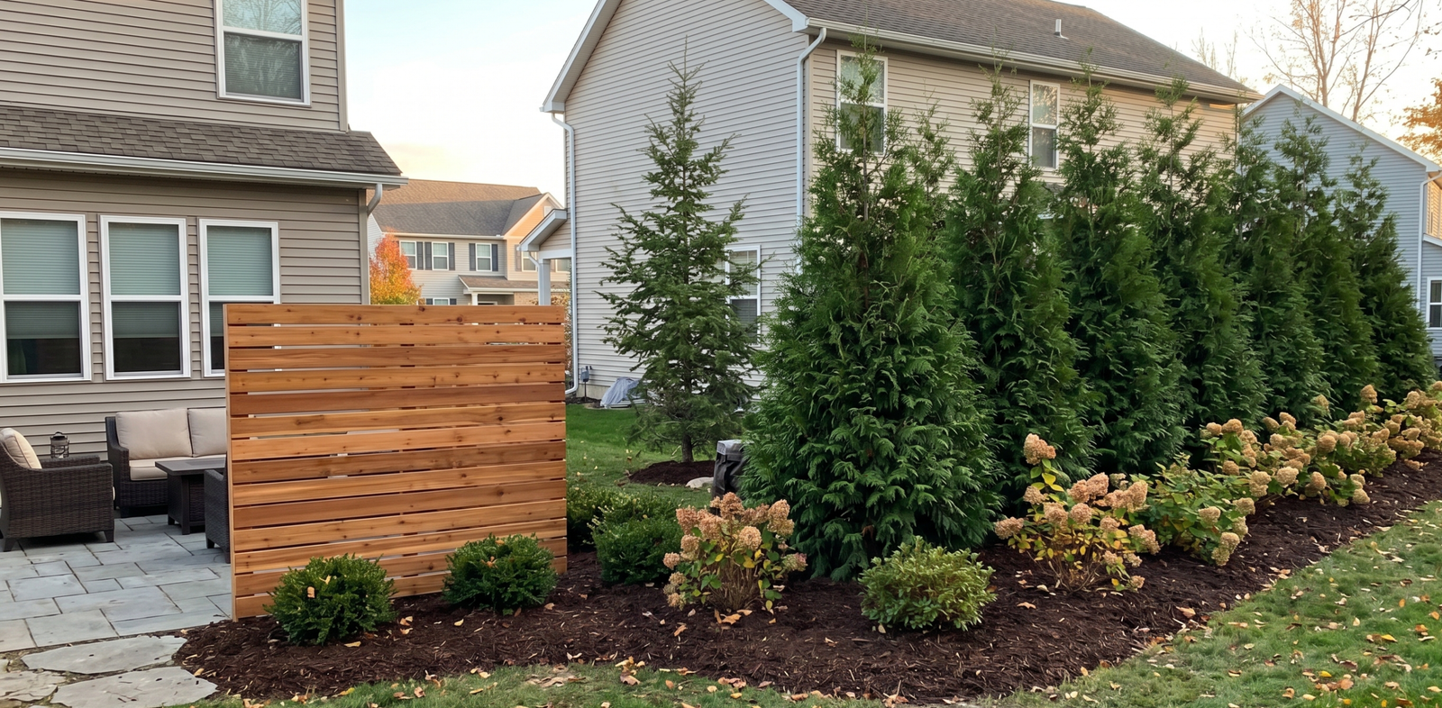 A suburban backyard patio featuring a custom horizontal cedar wood privacy screen alongside a staggered living hedge of dense Green Giant arborvitae trees and flowering Limelight hydrangeas in dark mulch beds.