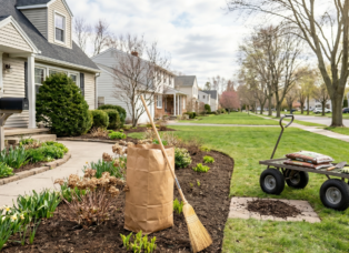 A pristine suburban lawn in Clarence NY showing a garden bed clean up with fresh mulch, a paper leaf bag, straw broom, and garden utility cart during spring landscaping preparation.