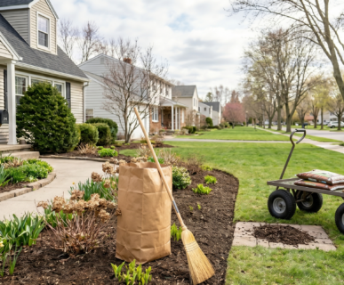 A pristine suburban lawn in Clarence NY showing a garden bed clean up with fresh mulch, a paper leaf bag, straw broom, and garden utility cart during spring landscaping preparation.