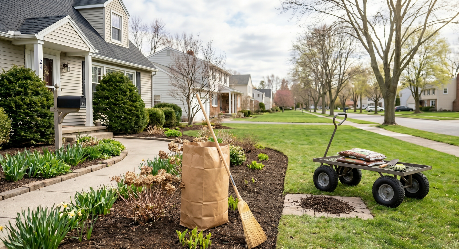 A pristine suburban lawn in Clarence NY showing a garden bed clean up with fresh mulch, a paper leaf bag, straw broom, and garden utility cart during spring landscaping preparation.